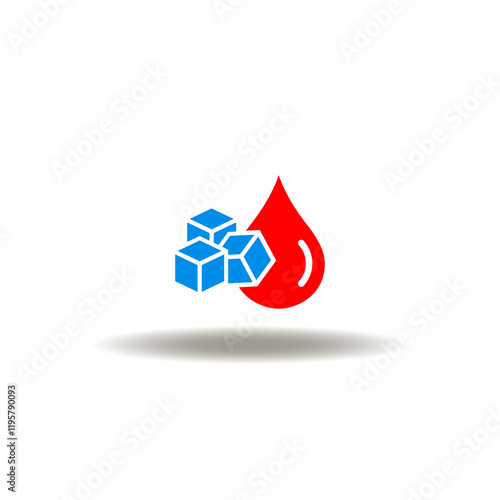 Vector illustration of blood drop and refined sugar cubes. Symbol of diabetes type 2 exam. Icon of test of glucose level in blood.