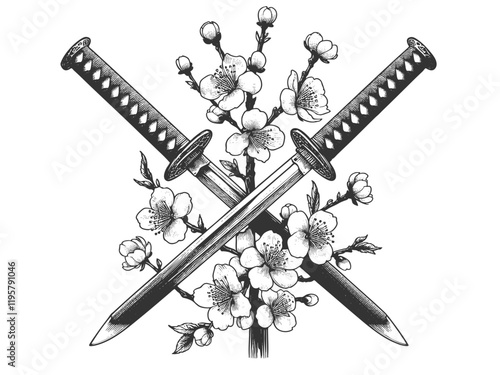 crossed katana swords with cherry blossom flowers. Tattoo design symbolizing strength and beauty in Japanese culture sketch engraving generative ai vector illustration. Black and white image.