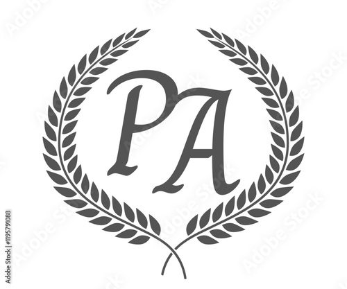 Initial letter P and A, PA monogram logo design with laurel wreath. Luxury calligraphy font.