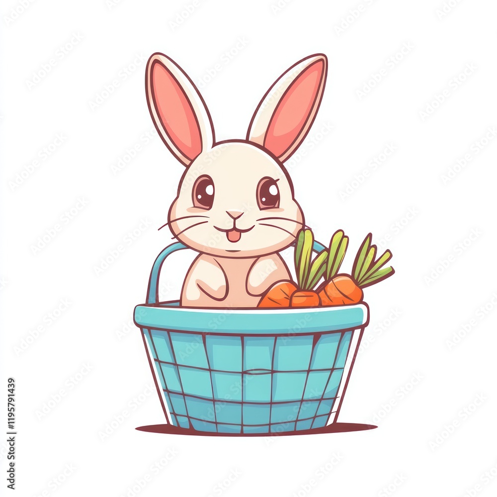 Rabbit sits in blue basket with carrots, background white, for holiday projects Rabbit sits in blue basket with carrots, background white, for holiday projects
