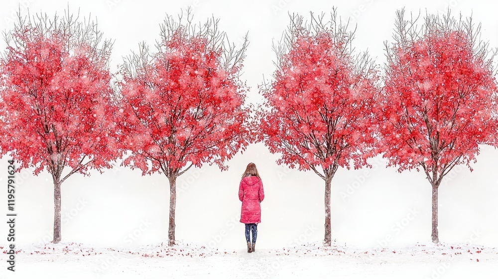 Woman in Red Coat Stands Among Snowy Red Trees Woman in Red Coat Stands Among Snowy Red Trees