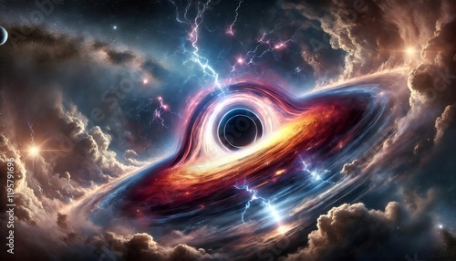 Cosmic storm with swirling clouds of dark gas and electric flashes of lightning illuminating black hole in space photo