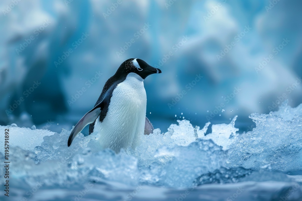 Obraz premium Chinstrap penguin emerging from the icy blue water of antarctica