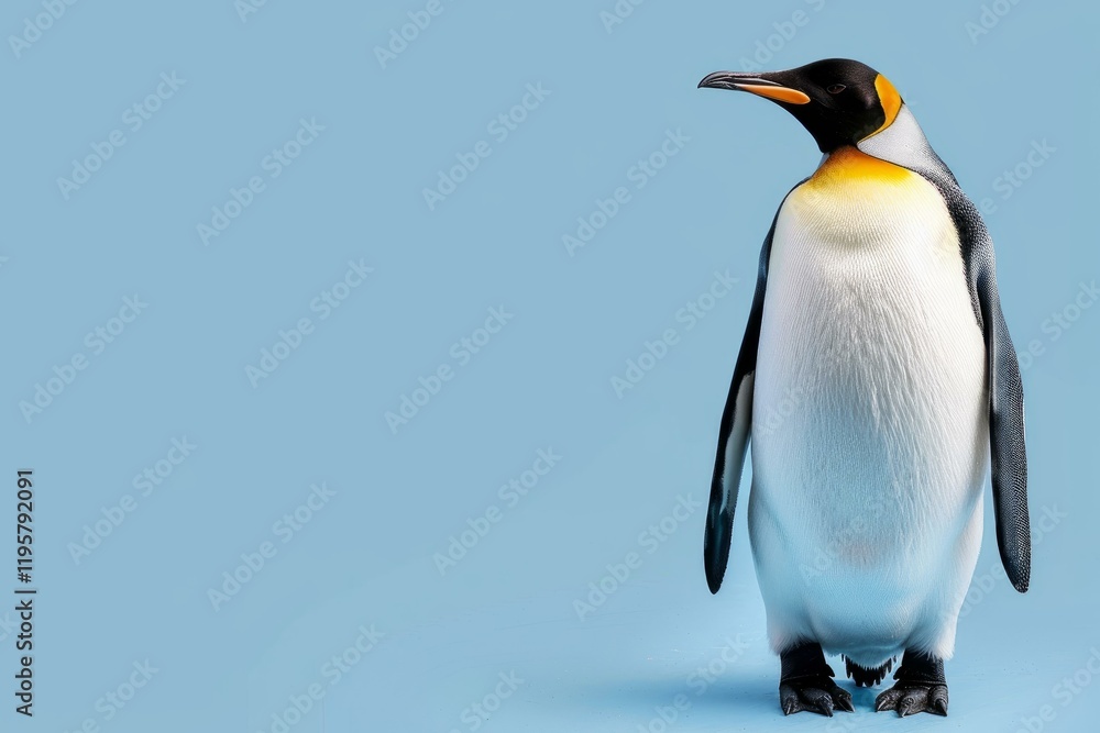 Fototapeta premium Studio shot of a king penguin standing on a light blue background, looking to the right
