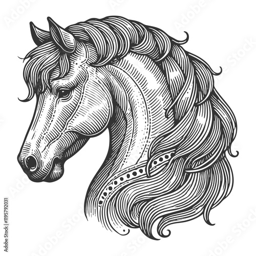 horse head with flowing mane, featuring intricate engraved details and graceful design sketch engraving generative ai vector illustration. Scratch board imitation. Black and white image.