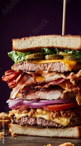 An outrageous close-up of an impossibly tall sandwich with countless layers stacked to excess, creating a visually jaw-dropping spectacle. photo