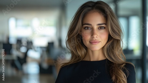 Portrait of a confident young woman in a modern office setting, with a bright background and soft lighting Free Download Portrait of a confident young woman in a modern office setting, with a bright background and soft lighting - GFXLoad