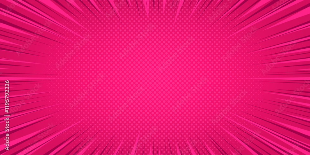 Pink radial rays comic background. Speed effect lines. Pop art Dotted halftone texture. Template for poster, banner, comic book, magazine, cover, promotion Design Pink radial rays comic background. Speed effect lines. Pop art Dotted halftone texture. Template for poster, banner, comic book, magazine, cover, promotion Design