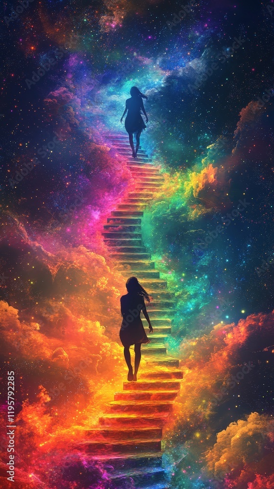 Fototapeta premium A surreal staircase ascending through a rainbow starlight galaxy, evoking mystery and wonder. Ideal for fantasy and inspirational themes.