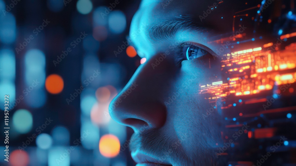 Close-up profile of a man's face with superimposed digital data streams and glowing circuit patterns, set against a blurred city lights background. Close-up profile of a man's face with superimposed digital data streams and glowing circuit patterns, set against a blurred city lights background.