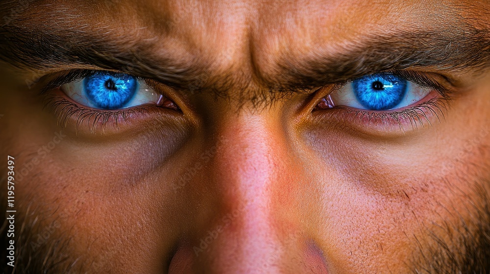 Fototapeta premium A man with blue eyes and a beard has a stern expression on his face. The blue eyes are the focal point of the image, drawing attention to the man's gaze. The man's facial hair adds to the rugged