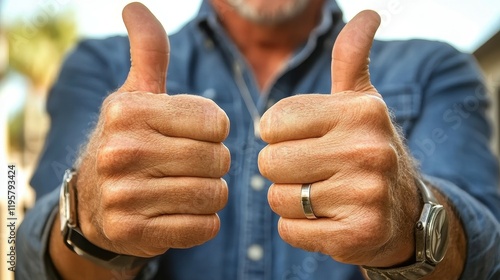 A man with a ring on his finger is giving a thumbs up. He is wearing a blue shirt and a watch photo