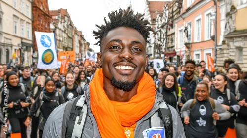 A man with dreadlocks and a scarf on his neck is smiling in front of a crowd. The crowd is made up of people of different ages and genders, all wearing backpacks and carrying signs