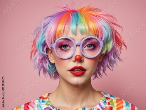 Person with a vibrant, multicolored hairstyle against a pink background