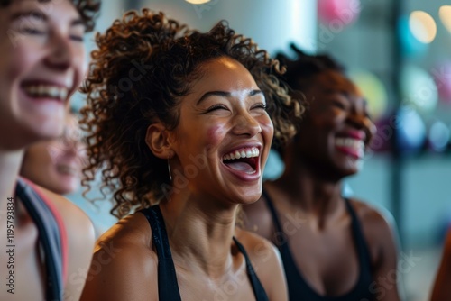 Happy multi ethnic female athletes having fun together after fitness training photo