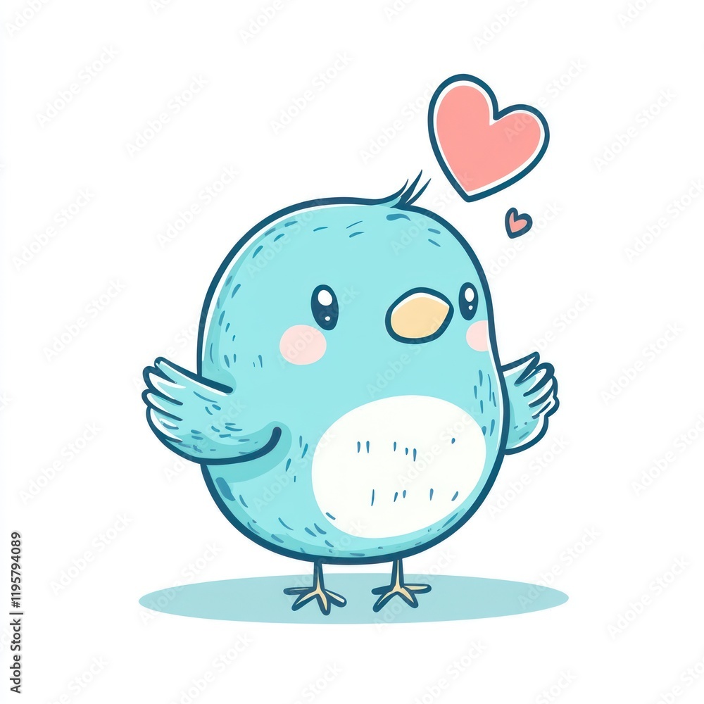 Blue bird standing with a heart above, on white. Illustration art for cards Blue bird standing with a heart above, on white. Illustration art for cards