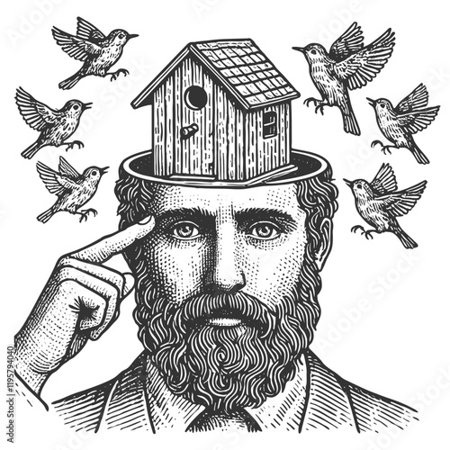 birdhouse emerging from an open head, with two birds flying nearby, symbolizing imagination sketch engraving generative ai vector illustration. Scratch board imitation. Black and white image.