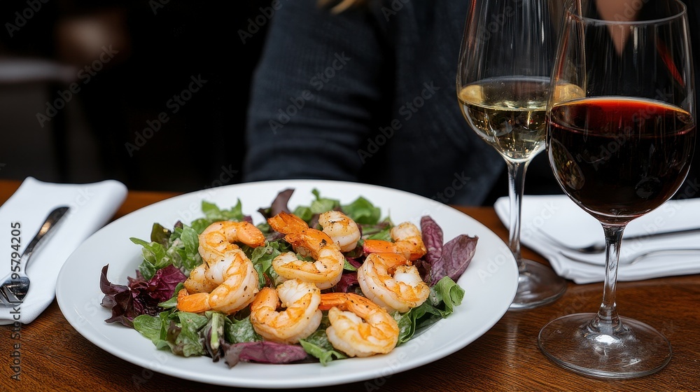 A plate of shrimp salad sits on a table with two wine glasses. The wine glasses are filled with red wine and the table is set for a meal. Scene is that of a romantic dinner, with the shrimp salad A plate of shrimp salad sits on a table with two wine glasses. The wine glasses are filled with red wine and the table is set for a meal. Scene is that of a romantic dinner, with the shrimp salad