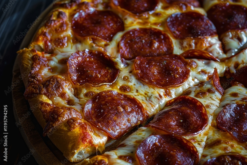 Close up of sliced pepperoni pizza radiating warmth and deliciousness Close up of sliced pepperoni pizza radiating warmth and deliciousness