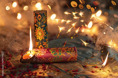 Firecrackers and Diwali lamp on silk background  Diwali festival India Asia South East Asia photo