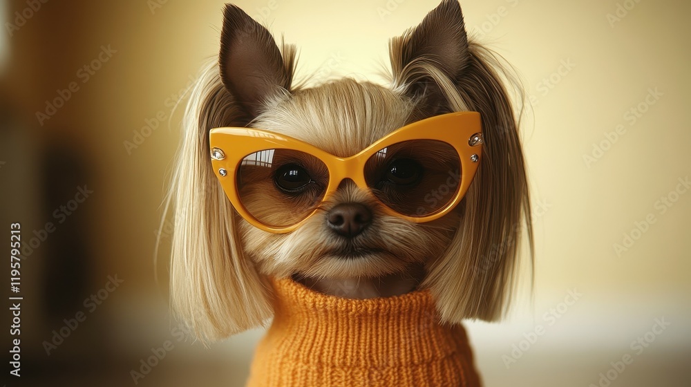 Obraz premium A small dog wearing a yellow sweater and glasses. The dog is looking at the camera with a smile