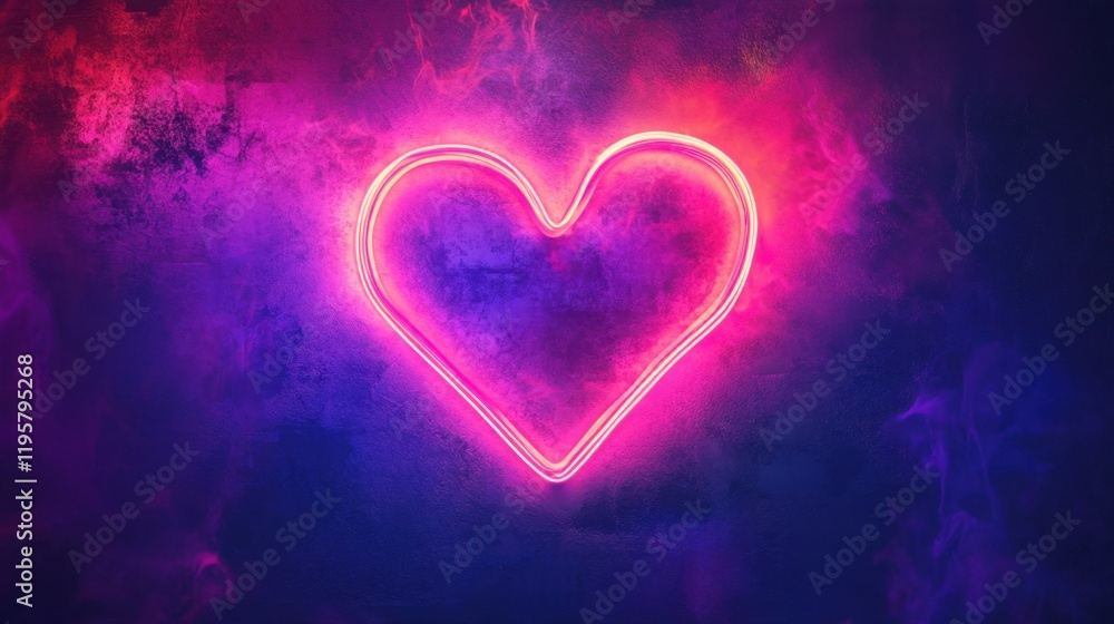 Fototapeta premium a glowing pink neon heart against a vibrant purple and blue smoky textured background