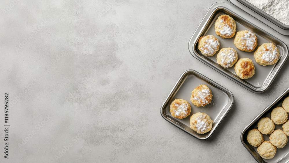 Baking essentials: metal boxes with powdered sugar cookies for culinary creations Baking essentials: metal boxes with powdered sugar cookies for culinary creations