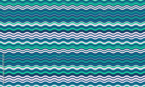 Vibrant wavy stripes in teal, blue, and white create a captivating seamless pattern.  Perfect for textile designs, website backgrounds, or any project needing a fresh, modern aesthetic.