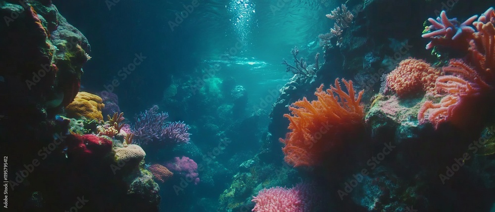 Fototapeta premium Vibrant underwater coral reef teeming with diverse marine life in a serene ocean landscape