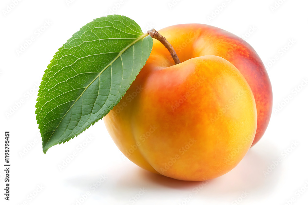 ripe peach with leaf white background ripe peach with leaf white background