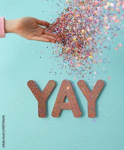 hand throwing colorful confetti on golden sign YAY against blue background photo