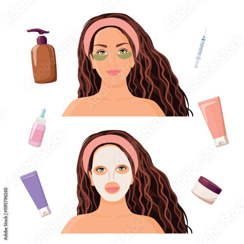 Beauty, cosmetology, anti-aging concept, woman with different skin care products
