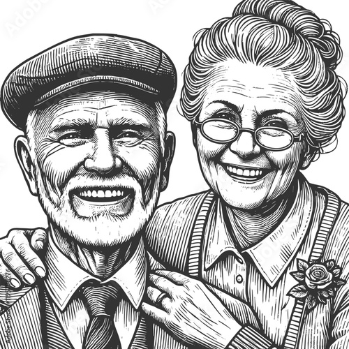 elderly couple smiling, symbolizing love, companionship, and long-lasting relationships sketch engraving generative ai vector illustration. Scratch board imitation. Black and white image.