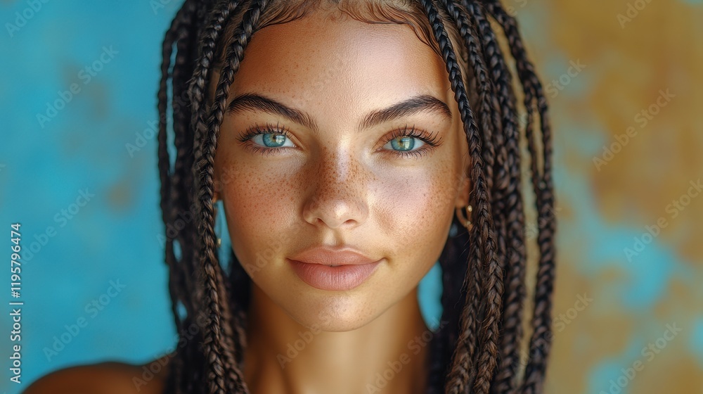 A woman with dark hair and a blue eye is smiling. She has a tan complexion and is wearing gold earrings A woman with dark hair and a blue eye is smiling. She has a tan complexion and is wearing gold earrings