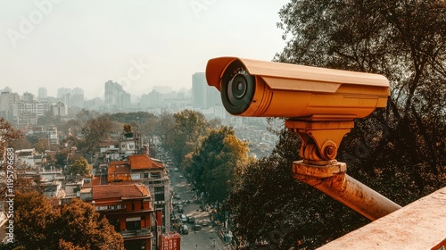 A yellow security camera is mounted on a pole in a city. The camera is looking down at the street below, capturing the hustle and bustle of the city. Concept of security and vigilance photo