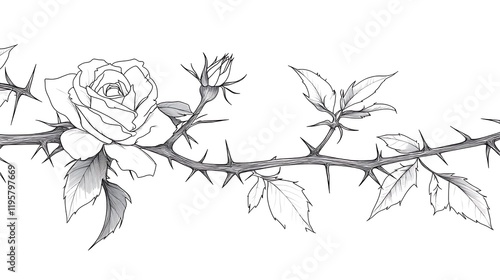 Fototapeta Naklejka Na Ścianę i Meble -  Thorny rose branch sketch, white background, design element