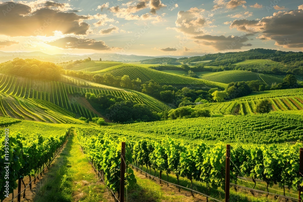 Naklejka premium Rolling hills covered with vineyards bathed in the warm glow of sunset in the tuscan countryside