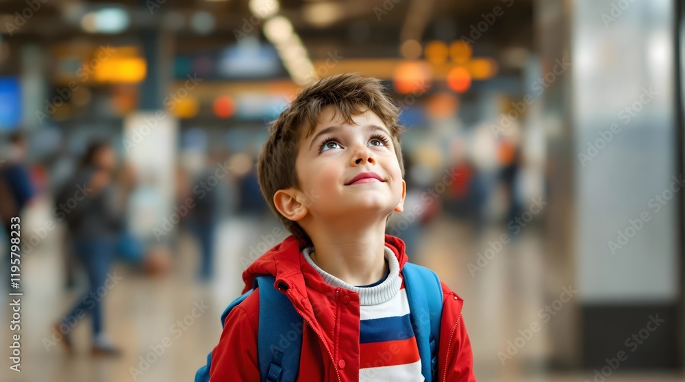 Curious Boy in a Red Jacket Exploring a Bustling Train Station Curious Boy in a Red Jacket Exploring a Bustling Train Station