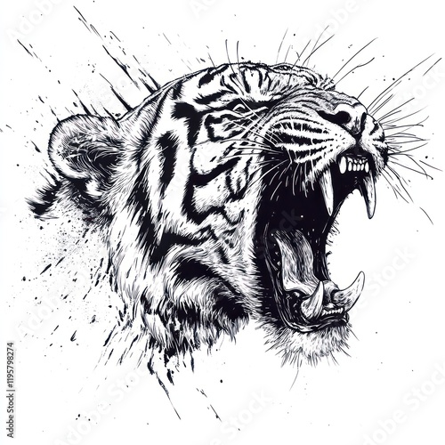 Angry tiger head graphic art with splatters photo