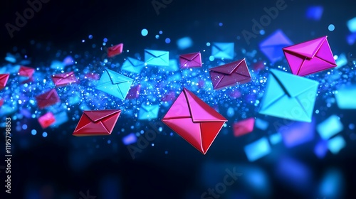 Colorful emails flowing in digital space, online communication, technology background, marketing concept