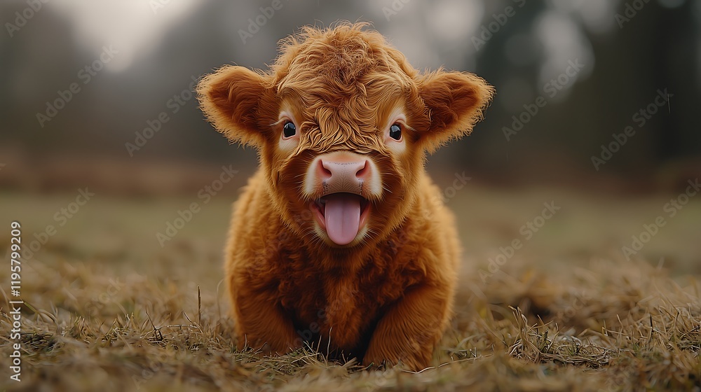 Natural Setting: Front View Baby Highland Cow with Tongue Out, 自然のセッティング: 舌を出したフロントビューのハイランド仔牛.Generative AI
