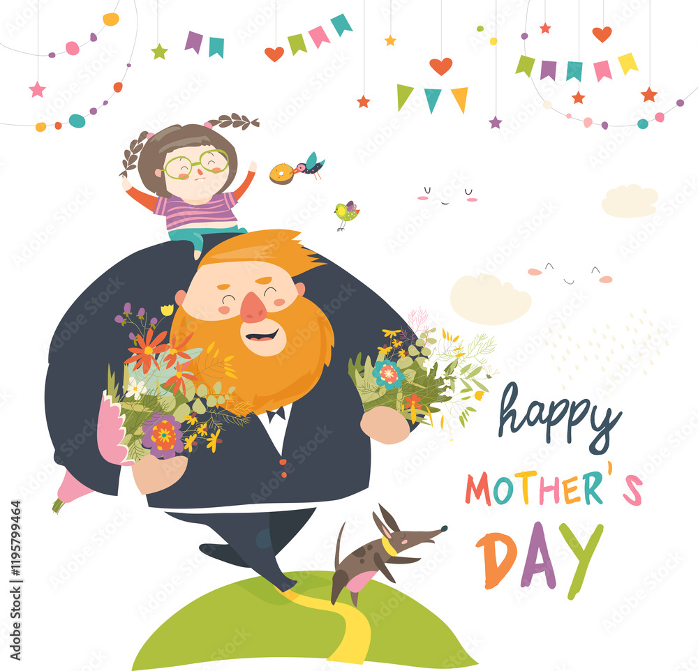 Dad and daughter carrying flowers to mom. Mothers day. Vector illustration Dad and daughter carrying flowers to mom. Mothers day. Vector illustration