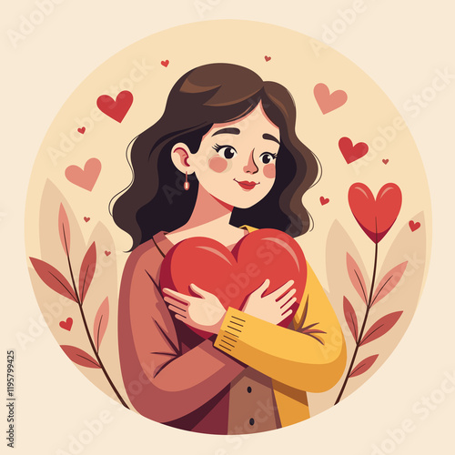 Woman embracing heart with warmth in casual setting, love symbolism