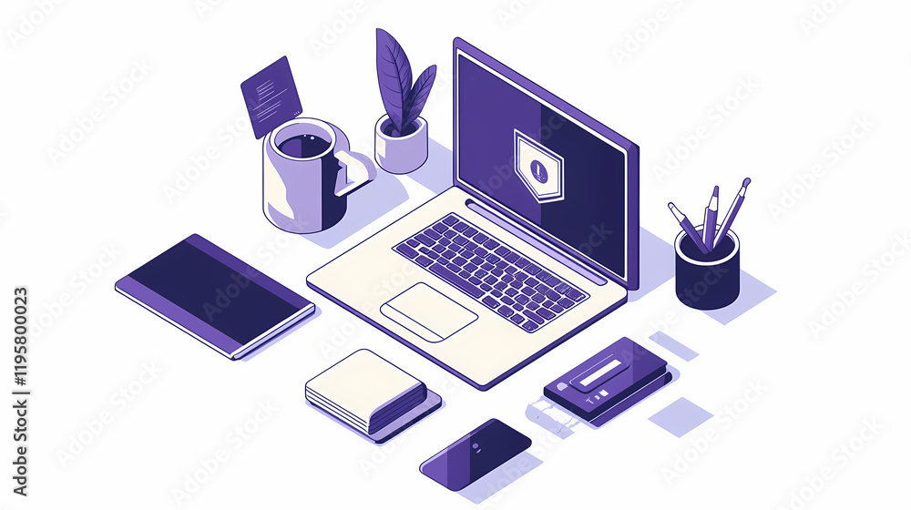 A modern workspace is showcased in a dashed line box, featuring essential office supplies like a laptop, notepad, and coffee cup, emphasizing a clean, minimalist design. Dewshade. Illustration A modern workspace is showcased in a dashed line box, featuring essential office supplies like a laptop, notepad, and coffee cup, emphasizing a clean, minimalist design. Dewshade. Illustration