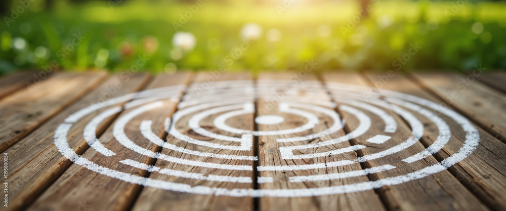Intricate chalk maze design on weathered wooden platform bathed in warm sunlight, surrounded by lush green grass and delicate flowers Intricate chalk maze design on weathered wooden platform bathed in warm sunlight, surrounded by lush green grass and delicate flowers