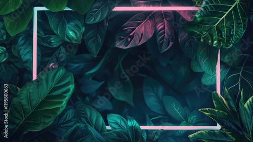 Electric Jungle: Neon Blue Light Frame Illuminating Green Tropical Leaves Against Dark Background