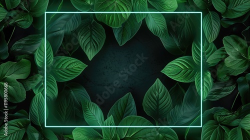 Product background, tecta: white frame decorating lush green tropical leaves, top view