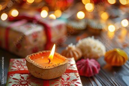 Diwali Diya  Sweets OR Mithai and Gift boxes arranged over decorative background. Selective focus photo