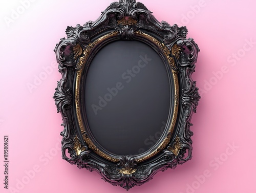 Ornate Vintage Mirror with Intricate Frame on Soft Pink Background photo