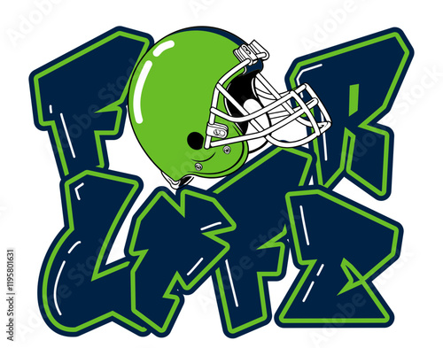 For Life - Navy blue and neon green football player helmet, sport vector graphics, hockey, for street art - graffiti lettering typography - art illustration - multicolor - writen 
